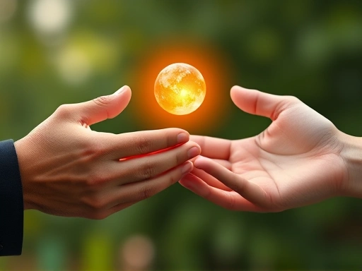 두 손이 서로에게 감사하는 제스처를 취하며, 그 위로 작게 빛나는 에너지 구슬이 떠오르는 클로즈업 장면
