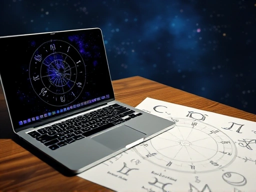 점성술 차트가 펼쳐진 노트북 화면과 그 옆에 손으로 그려진 별자리 기호들이 놓여있는 테이블.
