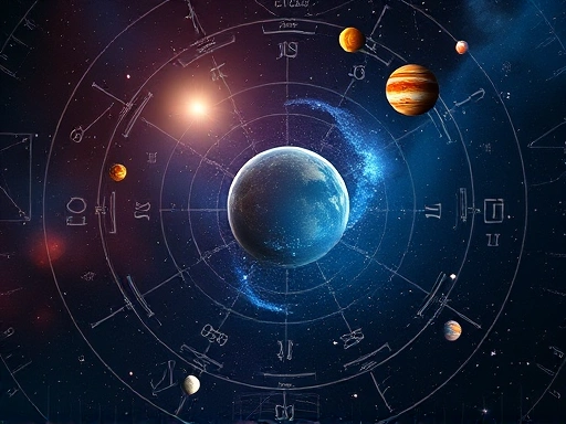 밤하늘에 빛나는 행성들과 그 아래 펼쳐진 황도 12궁의 별자리들이 조화롭게 배열된 모습