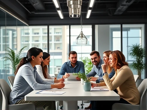 A visually rich image of a professional setting, where a diverse group of individuals are collaboratively working around a table, symbolizing teamwork, success, and positive career growth, with subtle...