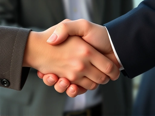 A close-up shot of a hand receiving a promotion letter or a handshake with a senior colleague, emphasizing trust and recognition in a professional environment, with focused detail on the expressions o...