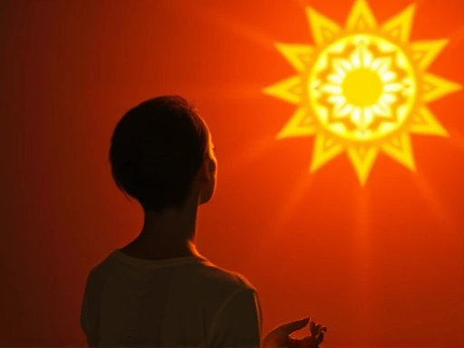 명상과 감사 실천을 통해 내면의 평화를 찾고 있는 한 사람이 밝게 빛나는 풍요의 상징을 끌어당기는 모습