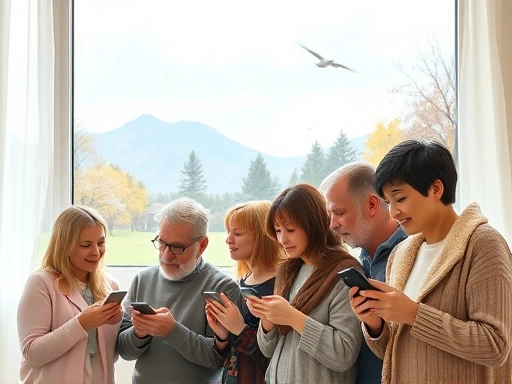다양한 연령대의 사람들이 스마트폰으로 운세 앱을 보거나, 창밖의 계절 변화를 바라보며 일상 운세와 계절 흐름에 대해 생각하는 모습