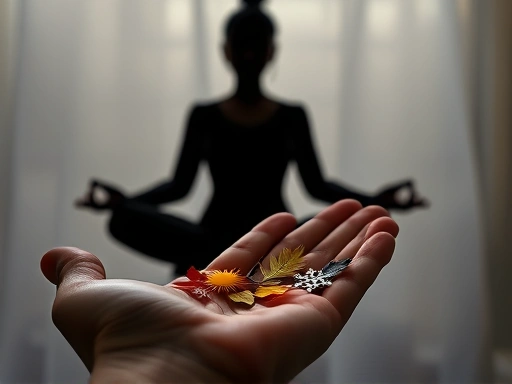 손바닥 위에 작은 계절 변화의 상징물(새싹, 태양, 낙엽, 눈꽃)이 조화롭게 놓여 있고, 그 위로 명상하는 사람의 실루엣이 비치는 클로즈업.