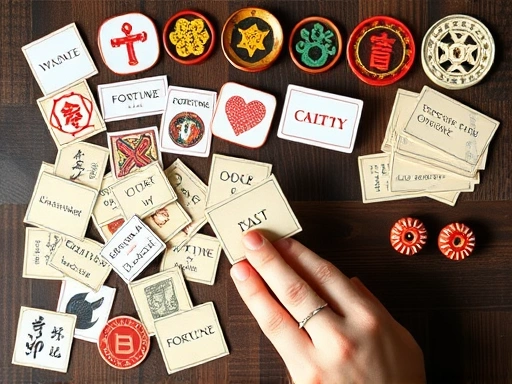 다양한 운세 상징물과 손이 운세 카드를 읽는 장면