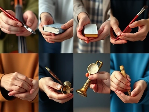 다양한 사람들의 손이 서로 다른 재능을 상징하는 물건들(예: 붓, 악기, 책, 도구)을 섬세하게 다루는 클로즈업.