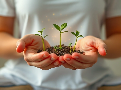 두 손을 모으고 명상하며 에너지 순환을 느끼는 사람의 클로즈업, 손바닥 위에 작은 식물 새싹이 돋아나고 주변에 빛나는 입자들이 모여들어 의식적 풍요를 상징하는 모습