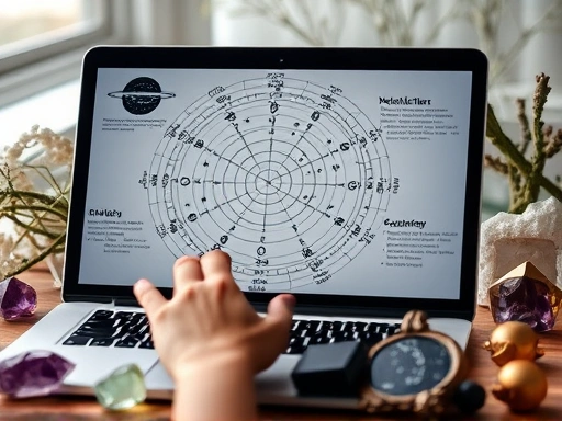 고급스러운 노트북 화면에 개인의 복잡한 별자리 출생 차트(Natal Chart)가 상세히 그려져 있고, 손가락이 특정 행성과 별자리를 가리키며 집중하는 클로즈업 장면
