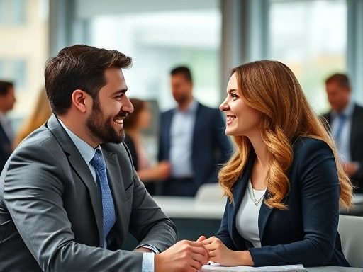 직장 내 연애를 하는 남녀가 사무실에서 discreet하게 웃으며 서로를 바라보는 장면