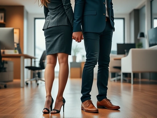 사내 커플이 업무 공간에서 각자의 노트북을 보면서도 발 아래에서 손을 잡는 클로즈업 샷, 조심스러우면서도 끈끈한 관계를 보여주는 이미지