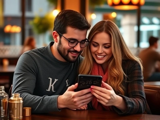 다정한 연인이 카페에서 별자리 궁합 앱을 함께 확인하며 즐거워하는 모습