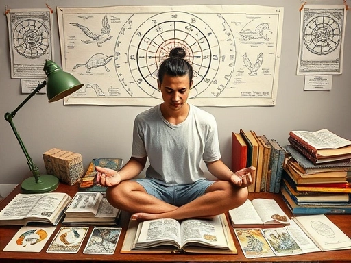 다양한 타로카드와 점성술 차트, 책들이 조화롭게 놓여있는 책상 위에서 한 사람이 명상하며 직관력을 기르는 모습