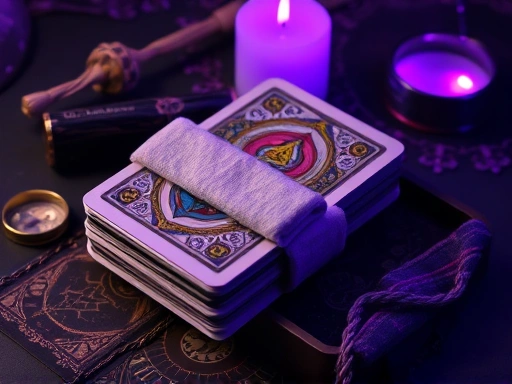 손상되지 않도록 부드러운 천에 싸인 타로 카드 덱과 옆에 놓인 연기가 피어오르는 세이지, 신비로운 보라색 빛이 감도는 분위기