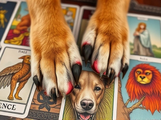 타로 카드 스프레드 위로 반려동물의 발자국이 살짝 찍혀 있는 클로즈업 샷, 카드들의 상징적인 이미지