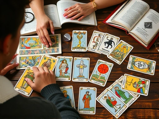 A person studying various tarot cards laid out on a wooden table, with intricate symbols and colors visible on the cards, surrounded by books and a small crystal, reflecting focused learning and explo...