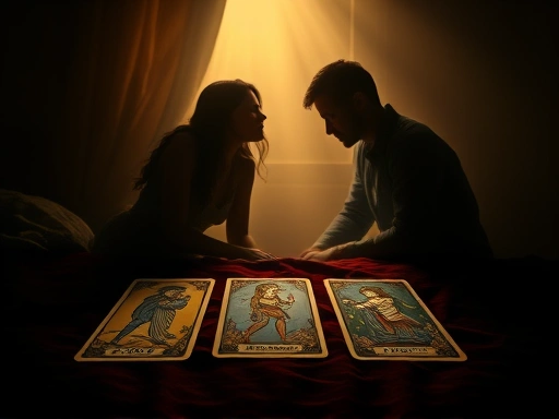 따뜻한 조명 아래, 연애 고민을 상징하는 두 남녀의 실루엣 앞에 3장의 타로 카드가 펼쳐져 있고, 그 위로 명확한 통찰의 빛이 비추는 신비롭고 위안을 주는 장면