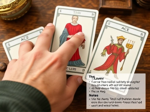 클로즈업된 손이 나무 테이블 위 3장의 타로 카드(예: The Lovers, Two of Cups, Ace of Wands)를 가리키며, 진지하게 카드를 해석하는 모습