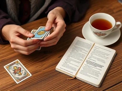 나무 테이블 위에서 조용히 타로 카드를 섞는 손의 클로즈업 사진, 옆에는 개인적인 성찰을 위한 일기장과 따뜻한 차 한 잔이 놓여 있어 차분하고 집중된 자기 발견의 순간을 나타냄.