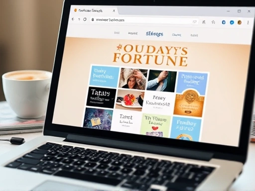 노트북 화면에 포털 사이트의 운세 서비스 페이지가 열려 있고, 마우스 커서가 오늘의 운세를 가리키는 모습