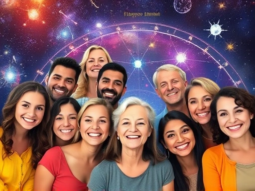 다채로운 별자리 기호들이 흩뿌려진 우주 배경 위로 활력 넘치는 다양한 연령대의 사람들이 건강한 모습