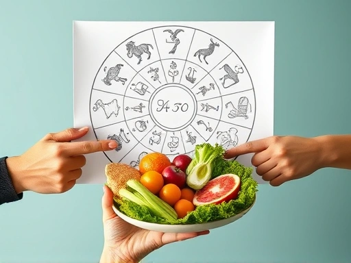 여러 손들이 12가지 별자리 기호가 그려진 차트를 가리키며, 한 손은 건강한 과일과 채소가 가득한 접시를, 다른 손은 운동복을 들고 있는 클로즈업 장면