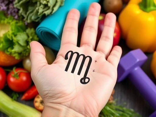 각기 다른 색상의 유기농 채소, 과일, 그리고 요가 매트나 아령 등 건강 관리 도구들이 별자리 그림이 그려진 손 위에 놓여 있는 클로즈업 이미지