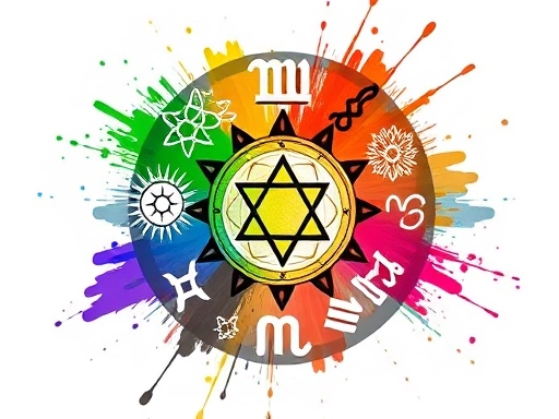 점성술 별자리를 상징하는 다양한 기호들이 조화롭게 배열된 배경 위에, 각 별자리의 에너지를 표현하는 추상적인 색상 스플래시가 어우러져 있는 현대적이고 예술적인 느낌의 이미지