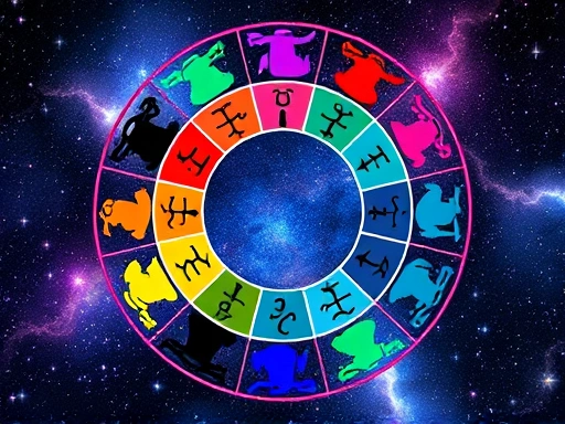 다채로운 색상의 별자리 기호들이 우주를 배경으로 원형으로 배열되어 있고, 각 기호 옆에 작은 사람 형상이 해당 별자리의 약한 신체 부위를 가리키는 이미지