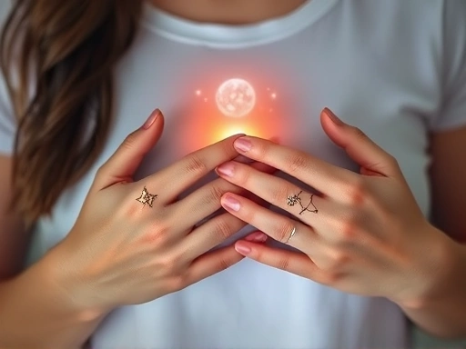 두 손을 모아 가슴에 얹고 있는 여성의 클로즈업.