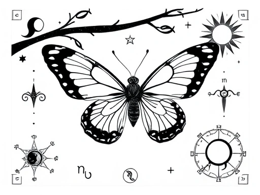 점성술 심볼과 함께, 나비가 번데기에서 나오는 상징적인 이미지