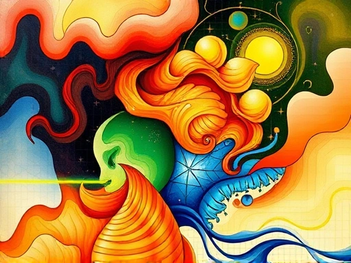 네 가지 원소(불, 흙, 공기, 물)를 상징하는 색채와 문양이 각 별자리 요소와 어우러져 점진적인 변화와 성장을 나타내는 추상적인 이미지