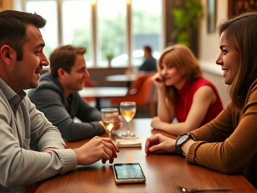 다양한 연령대의 남녀가 소개팅 자리에서 별자리 심리학을 활용하여 즐겁게 대화하며 서로에게 좋은 인상을 주고 받는 장면