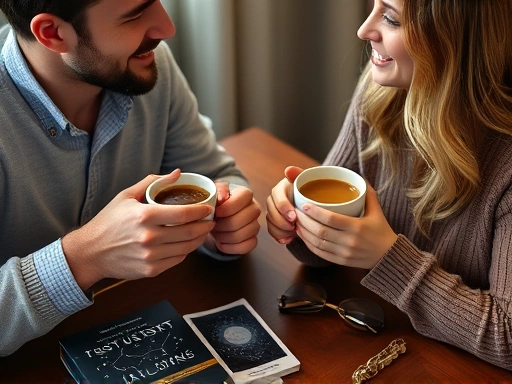 두 손으로 감싸 쥔 따뜻한 커피잔을 앞에 두고 마주 앉은 남녀의 클로즈업.