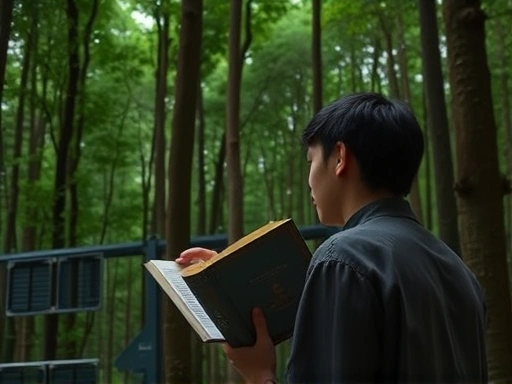 울창한 숲 속에서 책을 읽고 있는 한 사람, '인간 불평등 기원론'을 읽으며 사색에 잠긴 모습