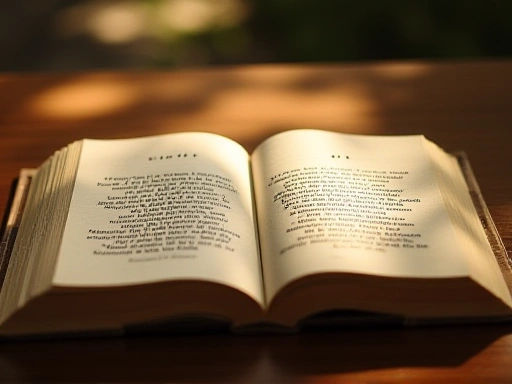 An open book titled Grit on a wooden desk, warm sunlight, inspiring quotes, promoting perseverance.
