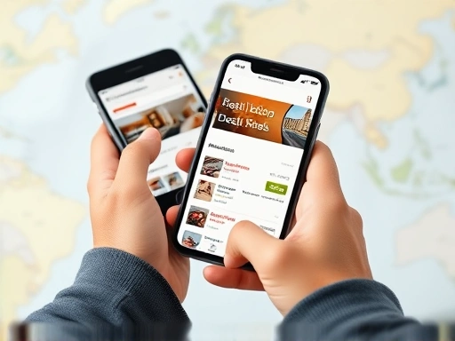 Close-up of a traveler's hands holding a smartphone, looking at various accommodation options like hotel and Airbnb listings, with a map in the background, implying choice and decision-making.