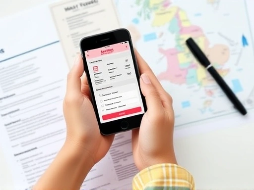 A detailed checklist for booking Airbnb, with hands holding a smartphone displaying an Airbnb app, a travel map, and a pen, emphasizing careful planning. Bright, natural lighting, with a focus on practical elements. SEO keywords: airbnb booking, travel planning, checklist.