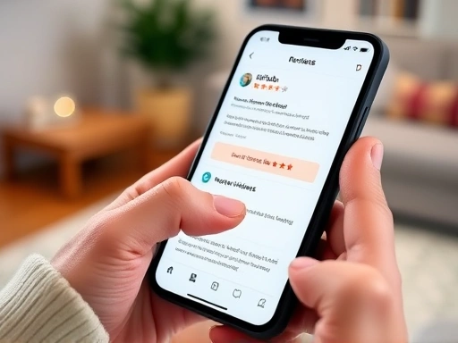 A close-up shot of a person's fingers scrolling through Airbnb reviews on a smartphone, with blurred background of a cozy room. Focus on the screen displaying review details and star ratings. SEO keywords: airbnb reviews, host reliability, smartphone screen.