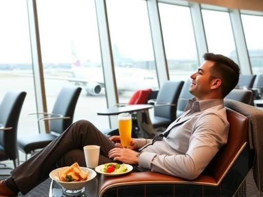 A professional traveler relaxing in a modern, spacious airport lounge, enjoying complimentary food and drinks, with large windows overlooking planes, representing free airline lounge access.
