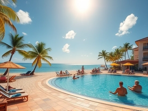 A serene tropical beach at an all-inclusive resort with people relaxing by the pool and enjoying the sun, highlighting vacation benefits.