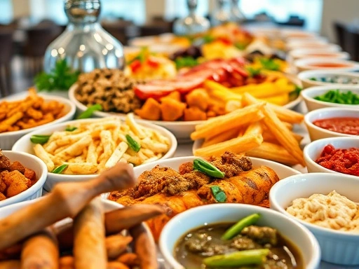 Close-up of a diverse buffet spread at an all-inclusive resort with various international dishes, showcasing dining experiences and meal options.