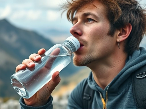 A close-up shot of a hiker taking a deep breath and drinking water from a bottle on a mountain trail, emphasizing hydration and rest. Focus on the hiker's determined but calm expression and clear water bottle, with keywords 