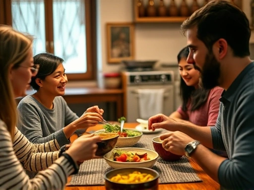 A close-up shot of a traveler sharing a meal with a local family in their cozy homestay kitchen, warm lighting, showing cultural exchange and genuine connection, with traditional decor elements in the background, emphasizing authentic experience.