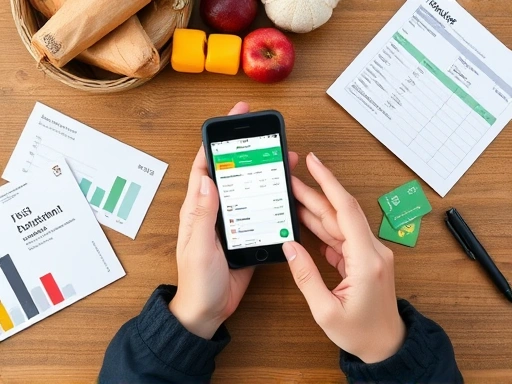 A detailed top-down shot of a person's hands holding a smartphone displaying a budget planning app, with various household items like groceries, a utility bill, and a public transport card scattered on a wooden table, emphasizing daily expense management.