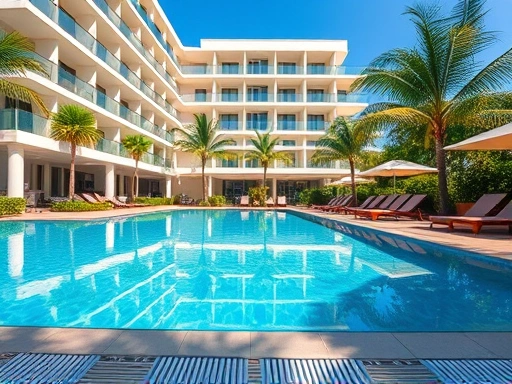 A close-up of a luxurious chain hotel swimming pool area, with clear blue water, sun loungers, and tropical plants, indicating high-end amenities and standardized comfort, suitable for a large hotel brand. 