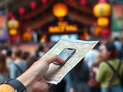 Close-up of a traveler's hand holding a festival map or smartphone, with blurred festive crowd in the background, emphasizing preparation and navigation for 