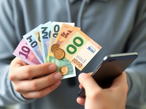 A person holding various international banknotes and coins, looking at a fluctuating exchange rate graph on a smartphone, representing smart currency exchange decisions and saving money.