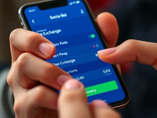 Close-up of hands tapping on a mobile banking app with a 