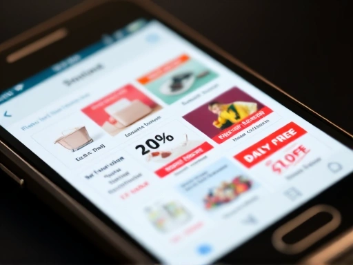 A close-up shot of a smartphone screen showing an online duty-free shopping app with various product listings and discount banners, emphasizing digital shopping tips for duty-free.