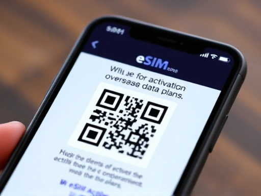 A close-up shot of a smartphone screen showing an eSIM QR code being scanned, emphasizing the digital aspect and simplicity of activation for overseas data plans.